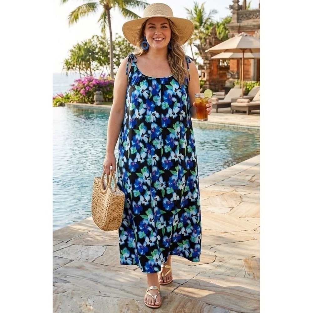 ASOS DESIGN Maxi Dress Women 24 Black Blue Floral Tie Strap Trapeze Summer Boho